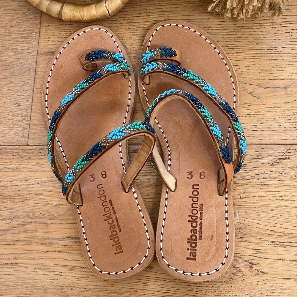 Anthropologie New laidback London hand embellished flat sandal Pool Party Boho🌈 - Picture 7 of 12